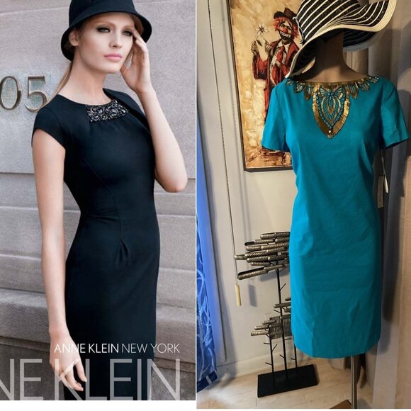FAB LUX ANNE KLEIN NY BEJEWLED SHEATH LETS PARTY LINEN BLEND DRESS TURQUOISE - Picture 1 of 11